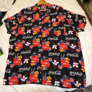 Vintage 90's Coca-Cola Mens Hawaiian Shirt XXL Black Floral Coke Rayon Button up